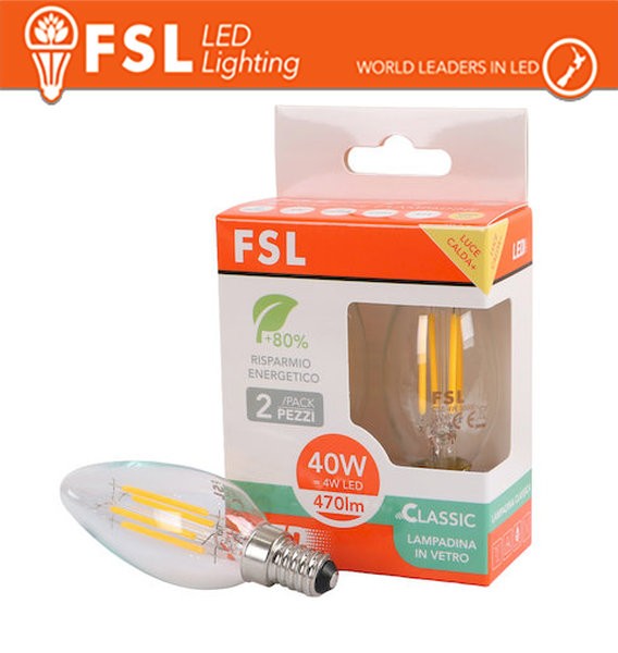 [FL2C35F4W30K14] Lampada Filamento Olive  C35  4W 3000K E14 - Confezione 2PACK