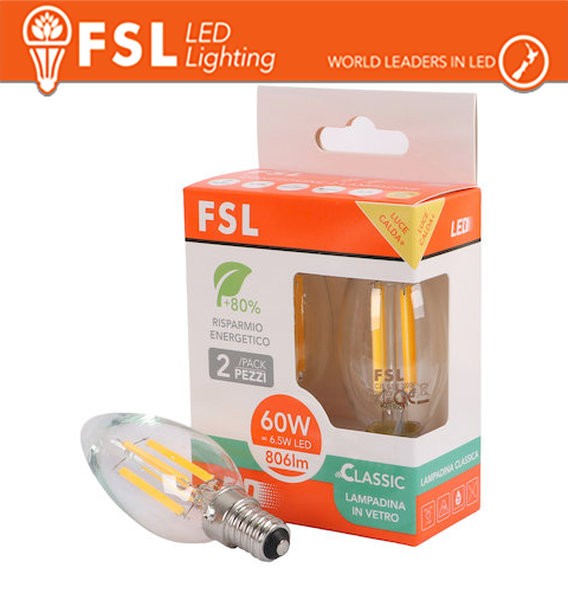 Lampada Filamento Olive C35FC 6.5W 3000K E14 - Confezione 2PACK