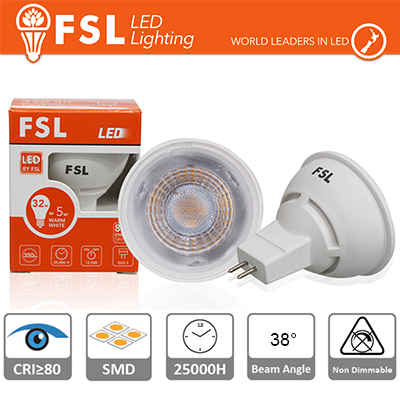 [FLMR166W30K38] MR16 Lampadina LED - 6W 3000K 500LM 38º CRI80 DC 12V