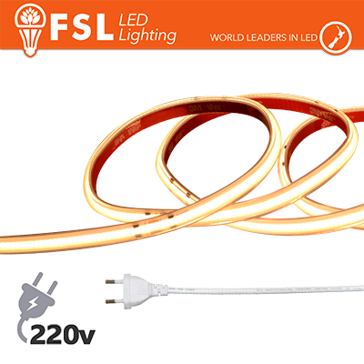 [FLSC220V15W3K05] Striscia LED COB 5metri - IP65 3000K 220V 15W/m 1200lm/m+KIT tappo, colla, clip