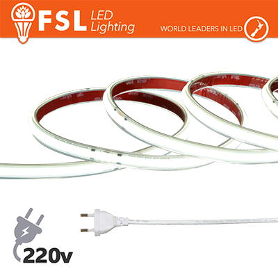 [FLSC220V15W6K05] Striscia LED COB 5metri - IP65 6500K 220V 15W/m 1350lm/m +KIT tappo, colla, clip