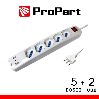 [PEM3508-W] Multipresa 5pos bipasso/schuko + USB spina16A +interr.