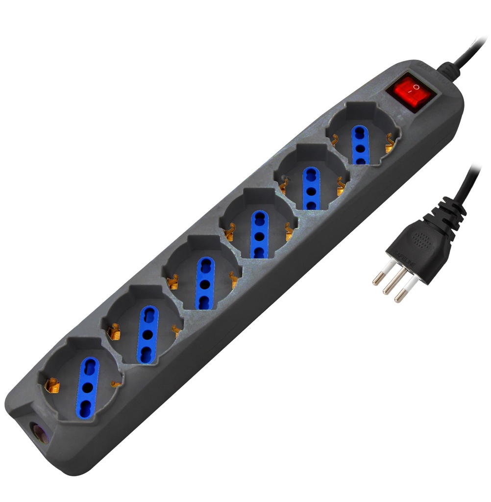 [PEM3506BK] Multipresa 6pos bipasso/schuko spina16A +interr. nera