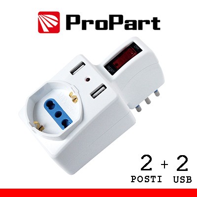 [PES1079-W] Adattatore 2pos bipasso/schuko +USB spina10A salvasp. + int.