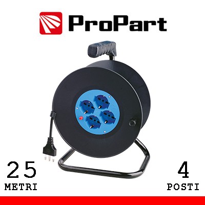[PEA8-25-BK] Avvolgicavo 4pos bipasso/schuko 25metri con protez. termica