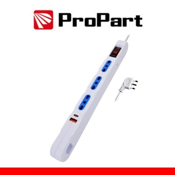 [PEM2207-W] Multipresa Salvaspazio 3posti 2P+T bipasso + USB-A + USB-TYPE-C con protez Spina 10A + interr